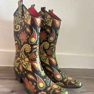 Women’s Paisley Print Western Rain Boots - Red & Green